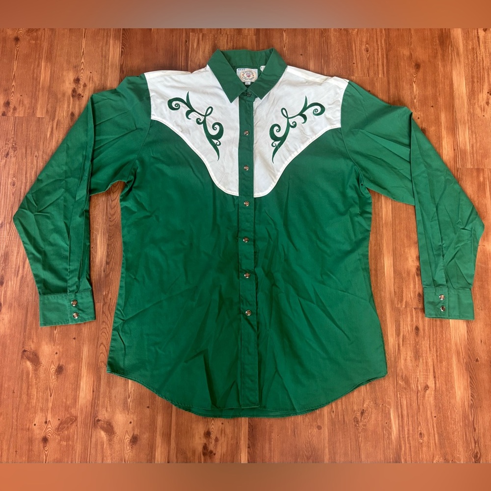 Ely Country Charmers Western Green-White Pearl Snap Button Up Shirt Large Rodeo